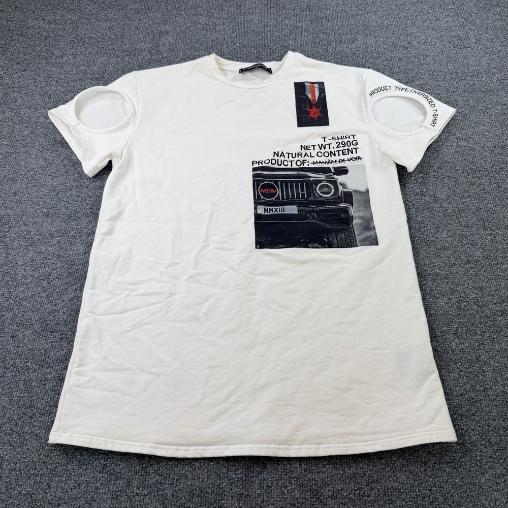 Manhere De Voh White Graphic T-Shirt Sz 12 Stretch Cotton Cutout Sleeves